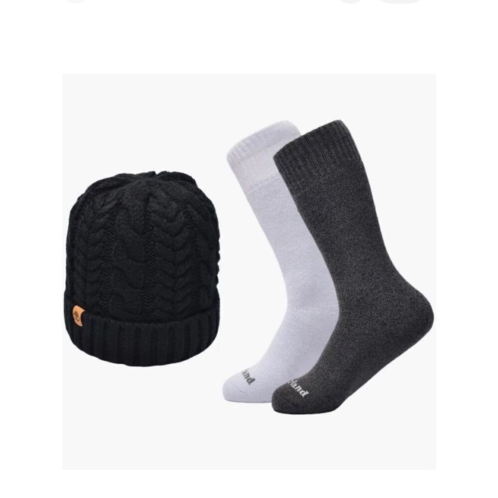 Timberland L Black Silver Gray Cable Knit BeanieโHat and Two Pairs of Socks